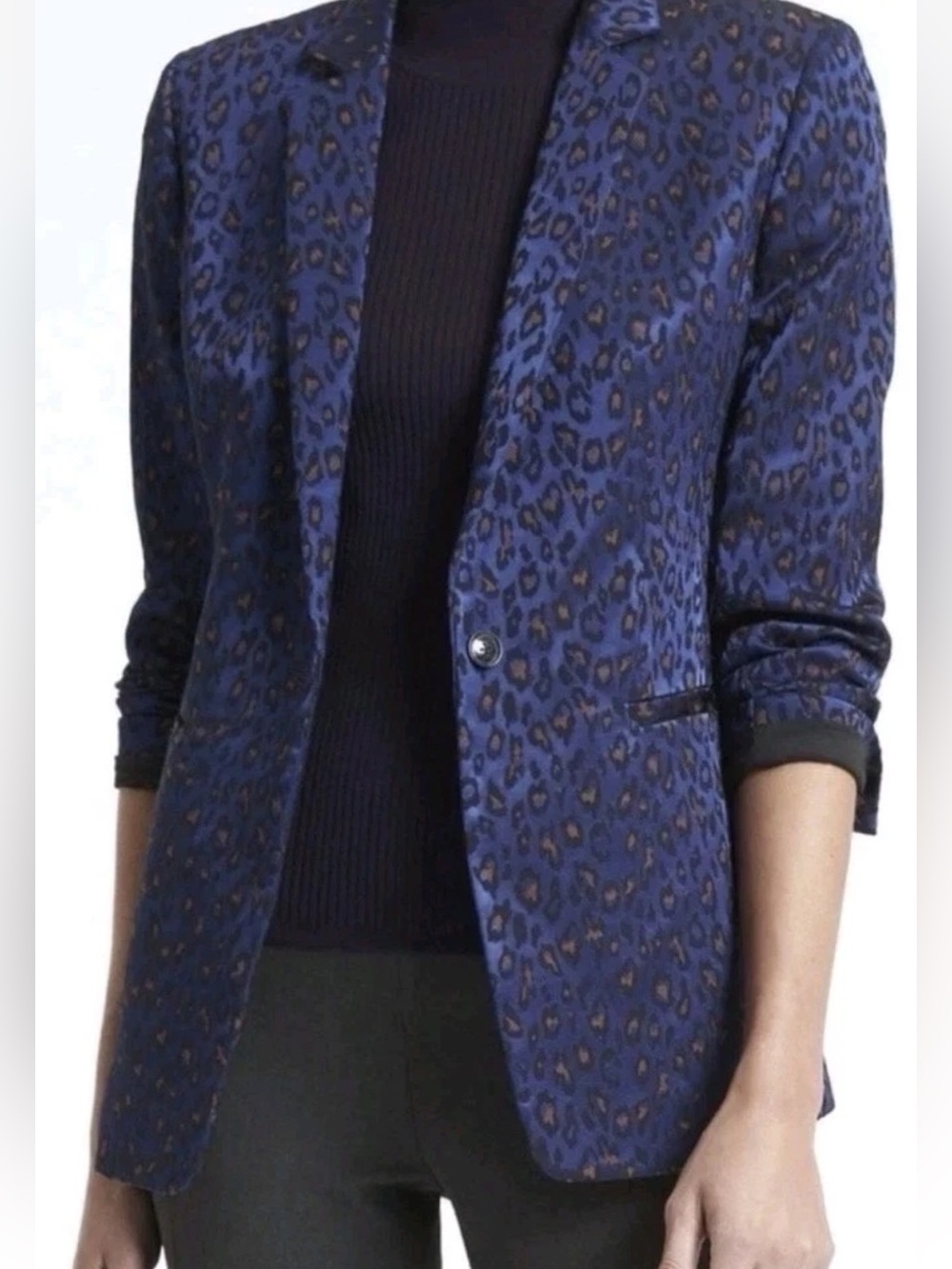Banana Republic Boyfriend Blazer Women Sz 2 Blue Leopard Print Career Jacket